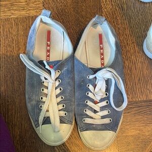 Prada Navy Canvas Sneakers with White Accents